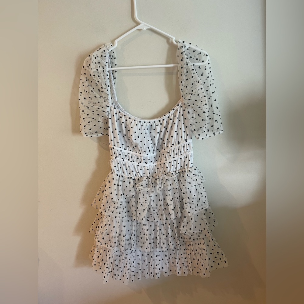 Vale Dress in White MAJORELLE small polka dot dress sheer sleeve ruffles - Picture 6 of 9